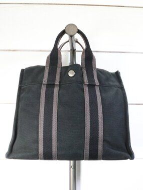 Hermès Canvas Striped Tote Handbag Purse Bag Black Gray